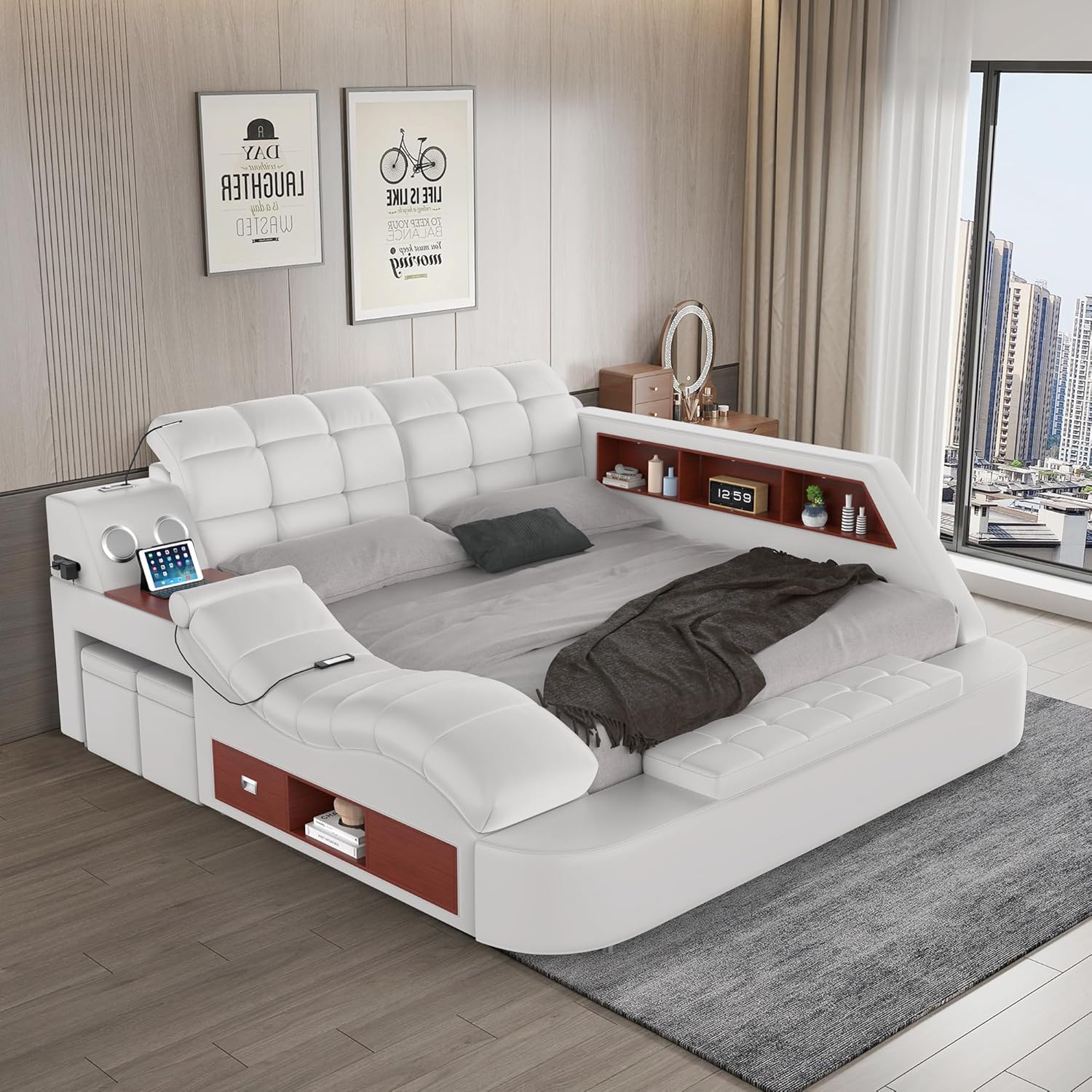 Luxury upholstered king bed frame with integrated massage recliner, Bluetooth speaker, and USB charging station in black leather — view 4