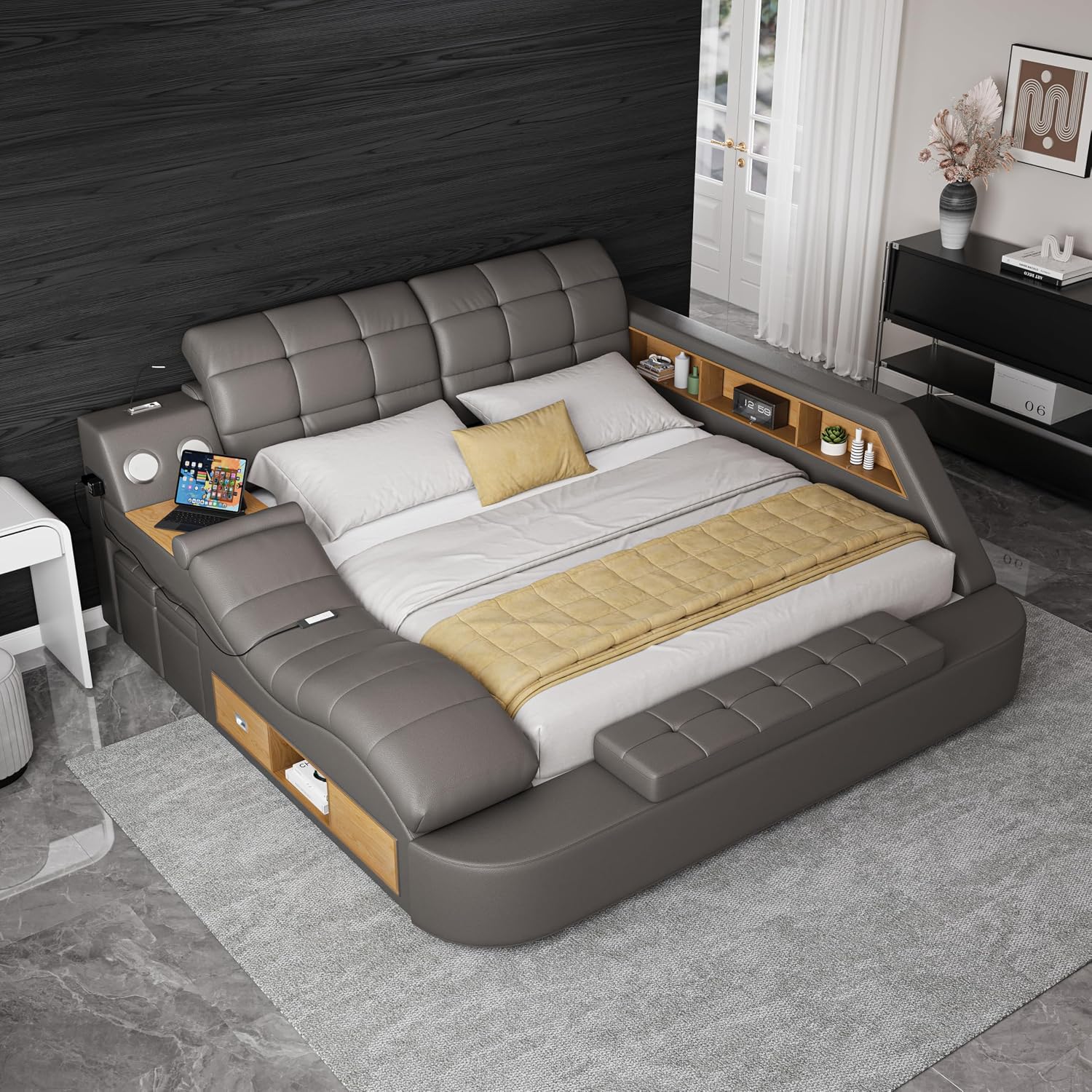 Luxury upholstered king bed frame with integrated massage recliner, Bluetooth speaker, and USB charging station in black leather — view 5a