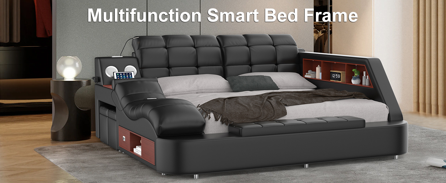 Luxury upholstered king bed frame with integrated massage recliner, Bluetooth speaker, and USB charging station in black leather — view 5b