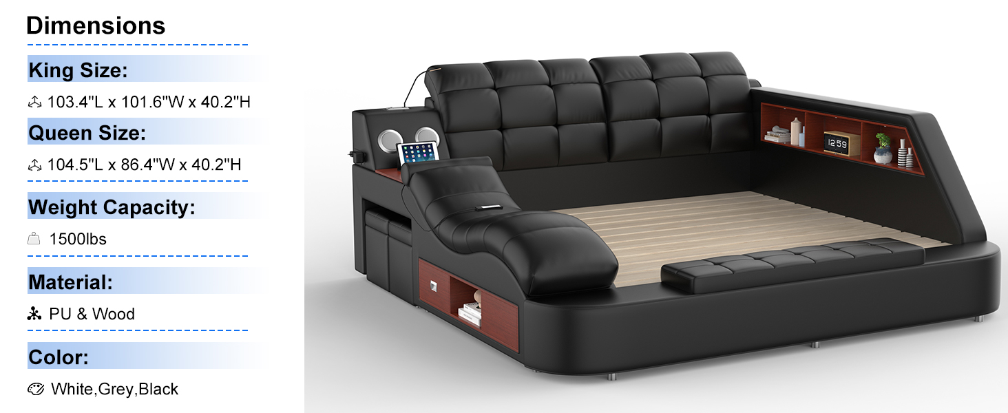Luxury upholstered king bed frame with integrated massage recliner, Bluetooth speaker, and USB charging station in black leather — view 6