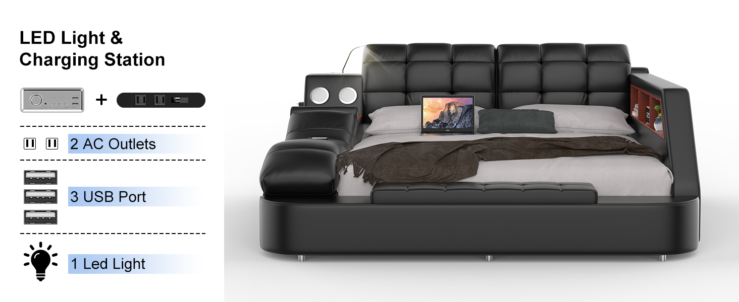 Luxury upholstered king bed frame with integrated massage recliner, Bluetooth speaker, and USB charging station in black leather — view 7a
