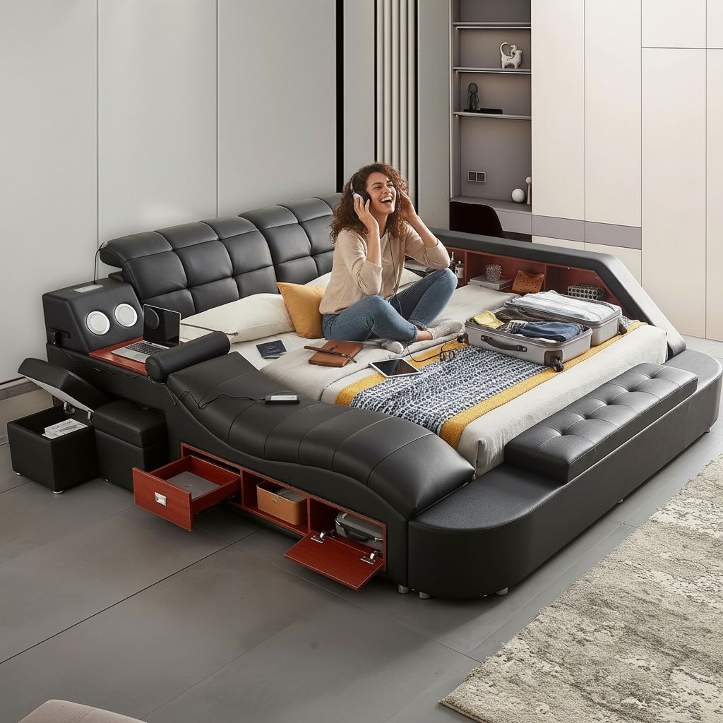 Luxury upholstered king bed frame with integrated massage recliner, Bluetooth speaker, and USB charging station in black leather — view 1