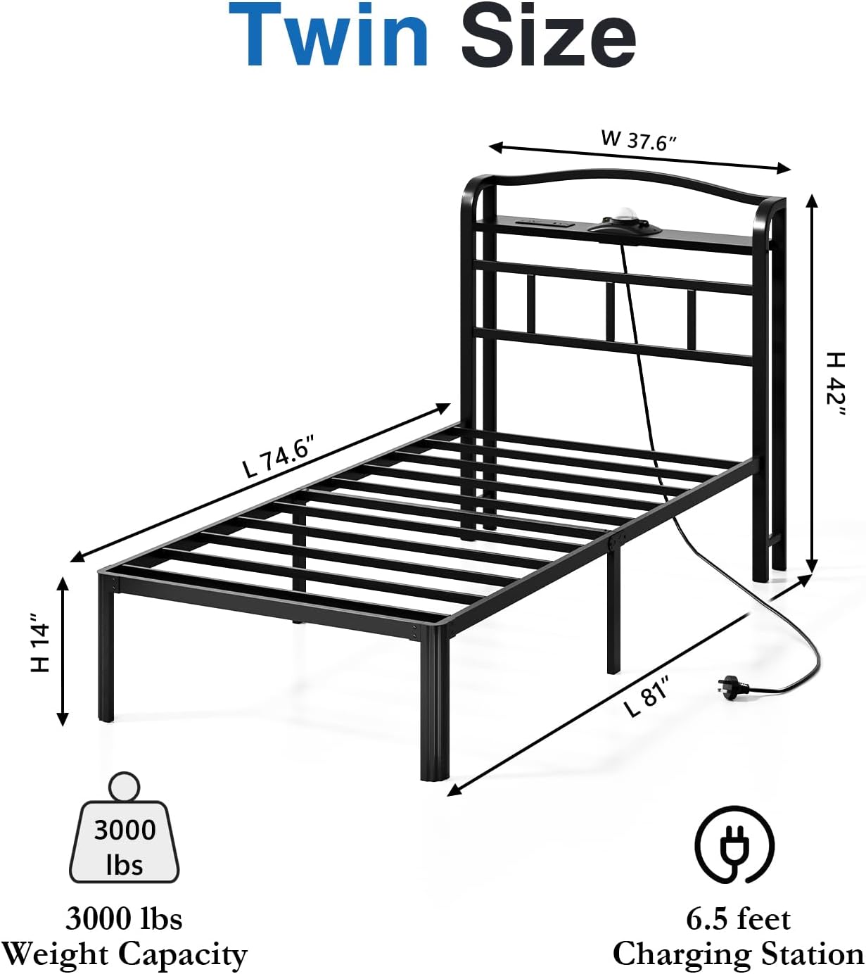 Twin size bed frame with storage headboard, built-in USB charging station, and aurora galaxy projector, black metal platform โ view 2