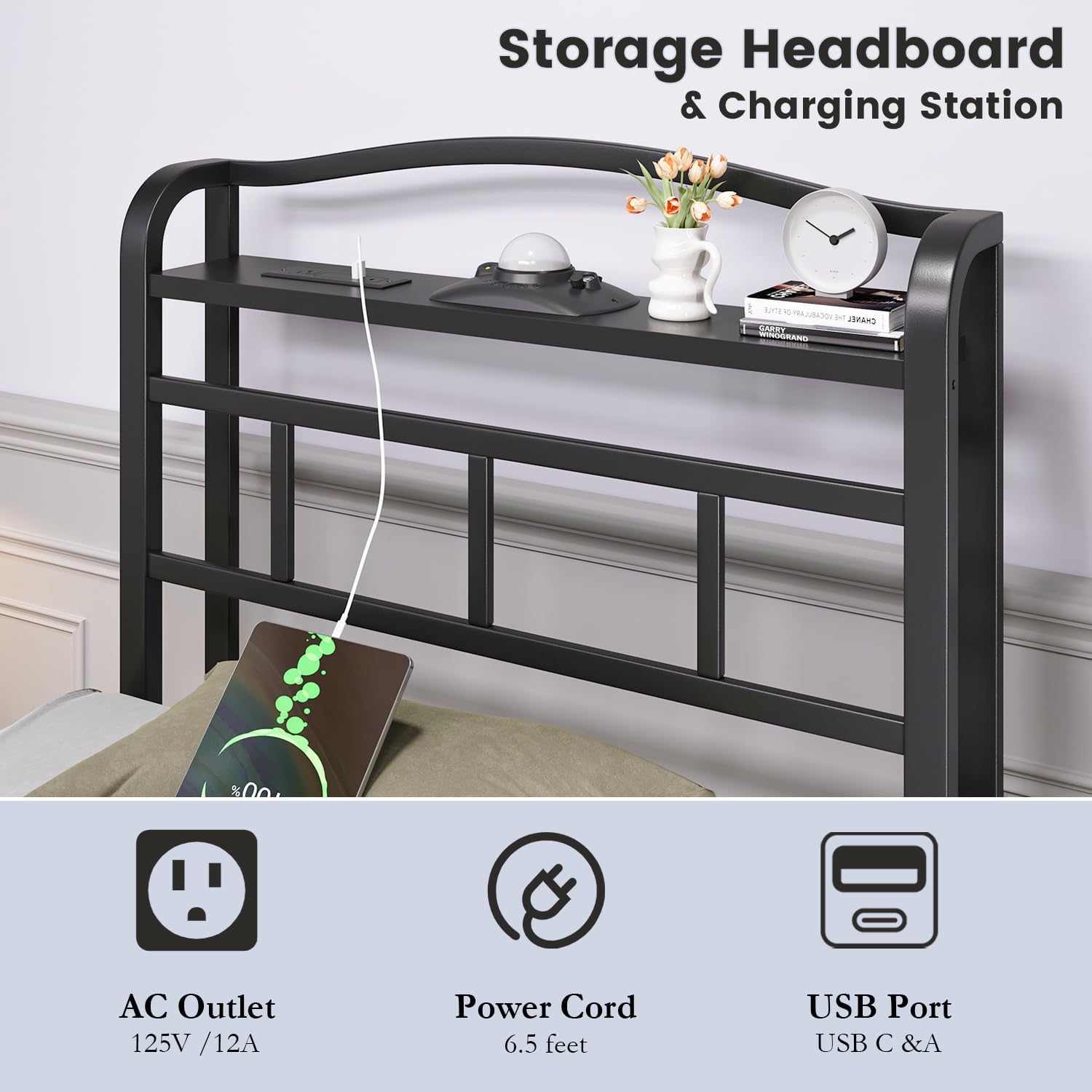 Twin size bed frame with storage headboard, built-in USB charging station, and aurora galaxy projector, black metal platform โ view 3