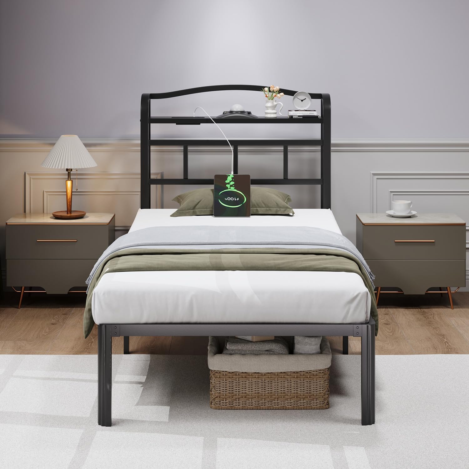 Twin size bed frame with storage headboard, built-in USB charging station, and aurora galaxy projector, black metal platform โ view 4