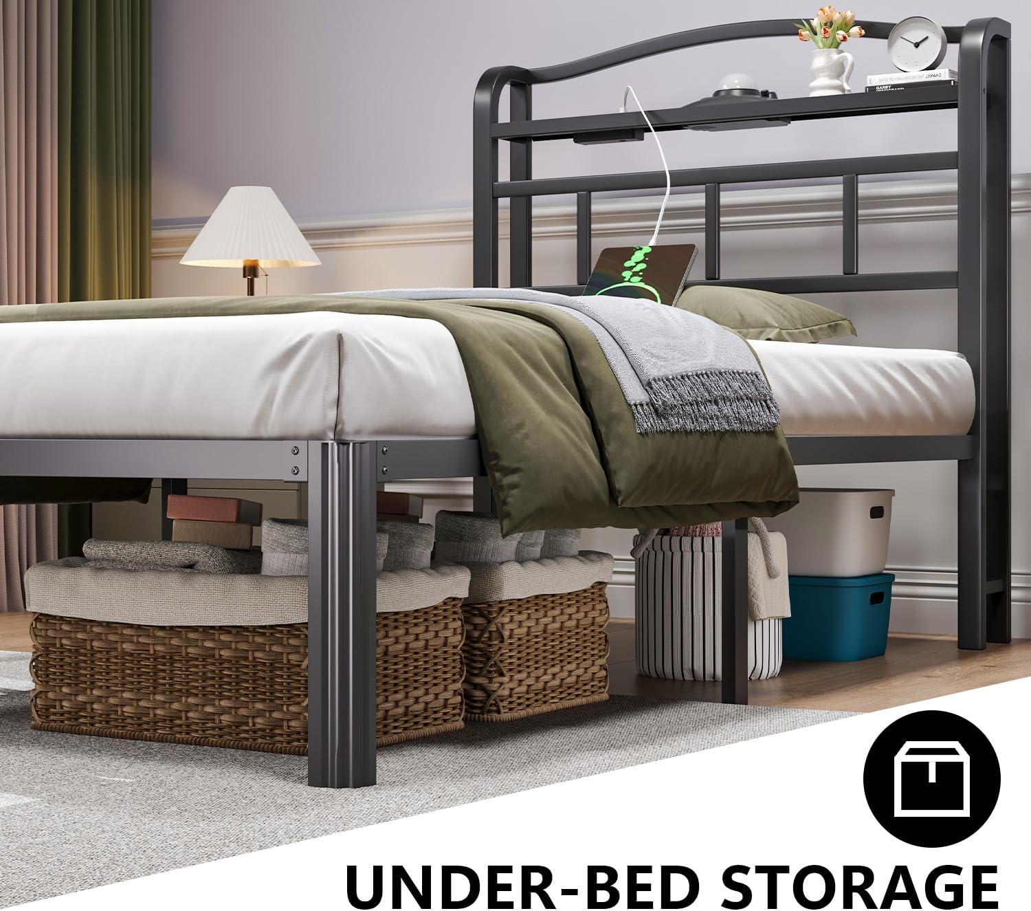 Twin size bed frame with storage headboard, built-in USB charging station, and aurora galaxy projector, black metal platform โ view 2