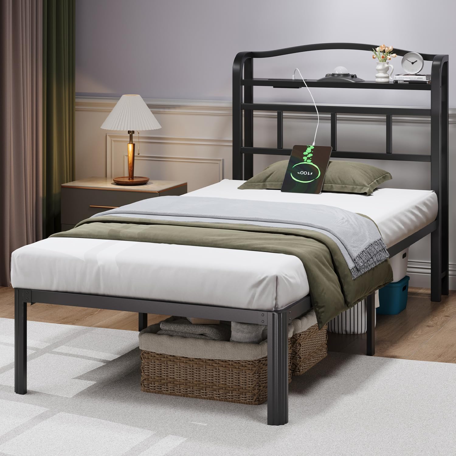 Twin size bed frame with storage headboard, built-in USB charging station, and aurora galaxy projector, black metal platform โ view 4