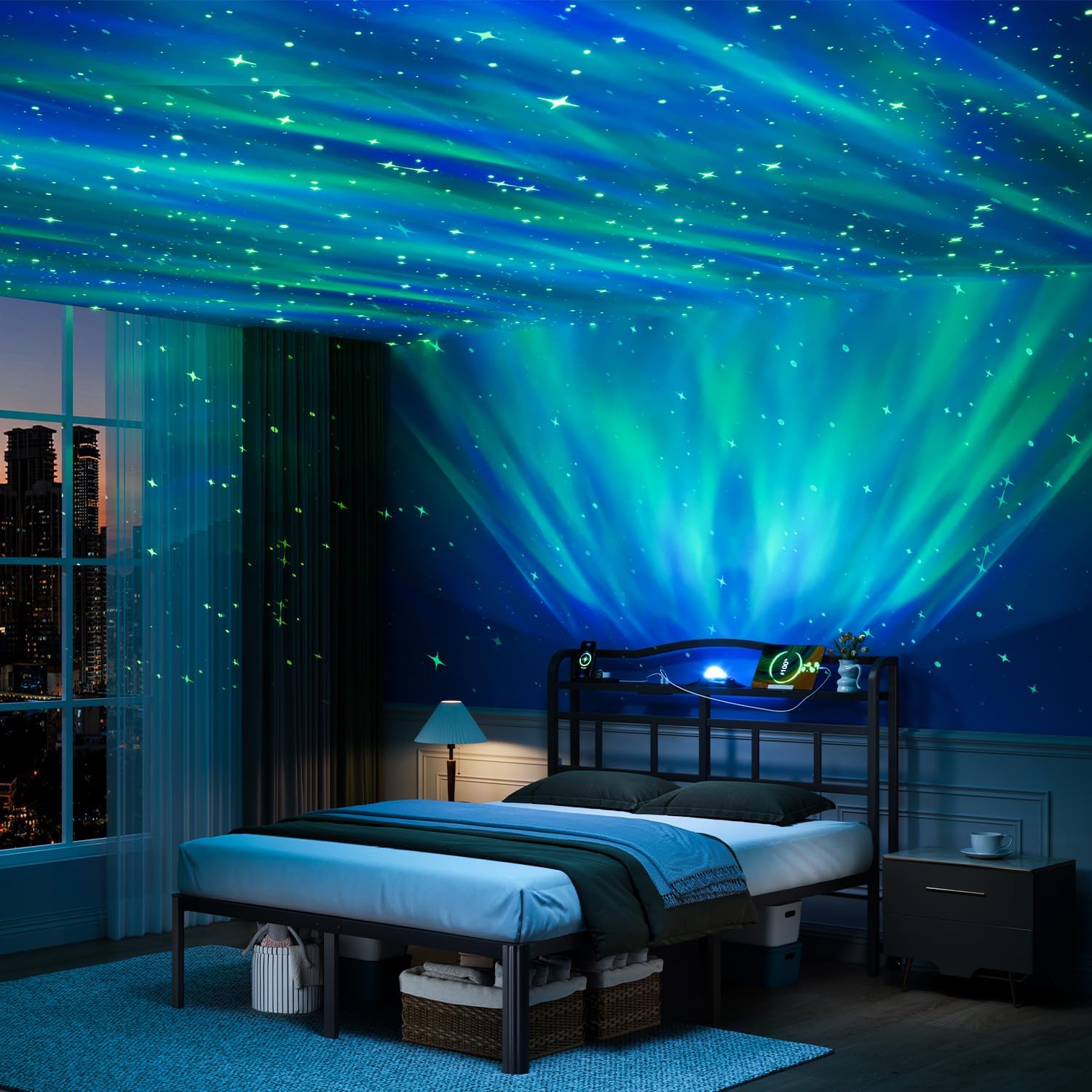 Twin size bed frame with storage headboard, built-in USB charging station, and aurora galaxy projector, black metal platform โ view 1