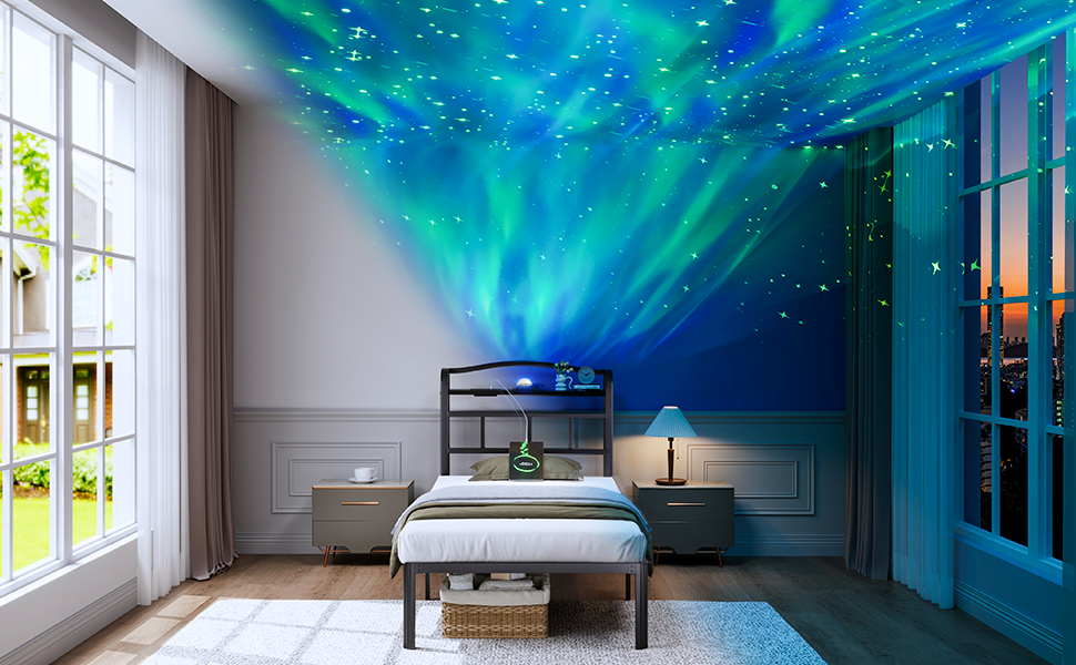 Twin size bed frame with storage headboard, built-in USB charging station, and aurora galaxy projector, black metal platform โ view 2
