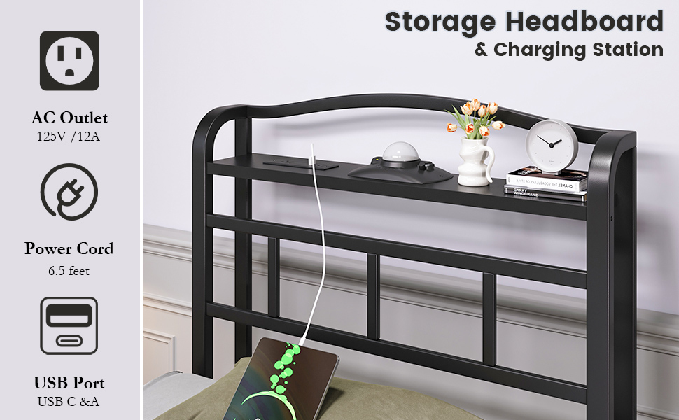 Twin size bed frame with storage headboard, built-in USB charging station, and aurora galaxy projector, black metal platform โ view 3b