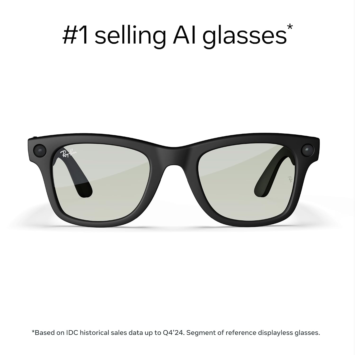Smart glasses with matte black Wayfarer frame, Transitions graphite green lenses, and built-in camera โ side