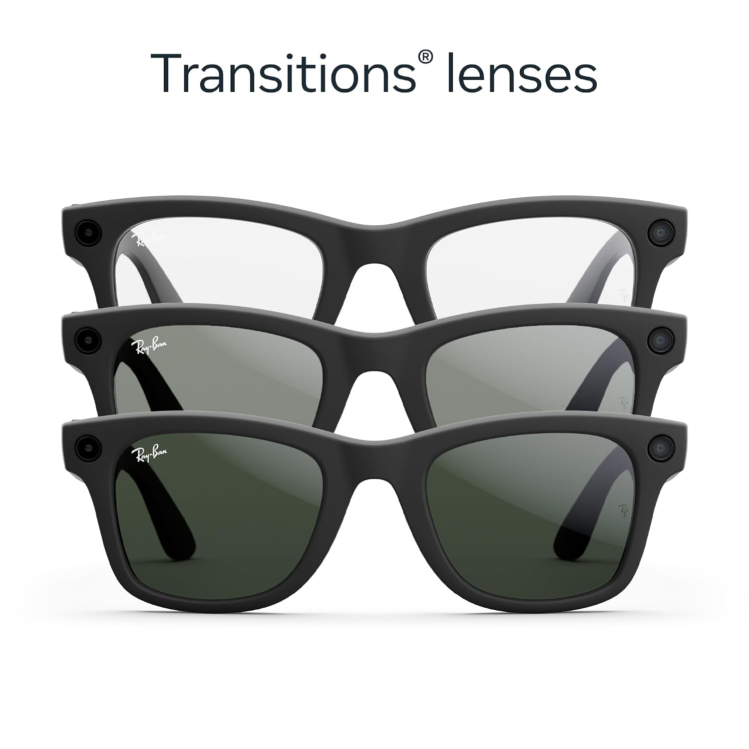 Smart glasses with matte black Wayfarer frame, Transitions graphite green lenses, and built-in camera — view 3