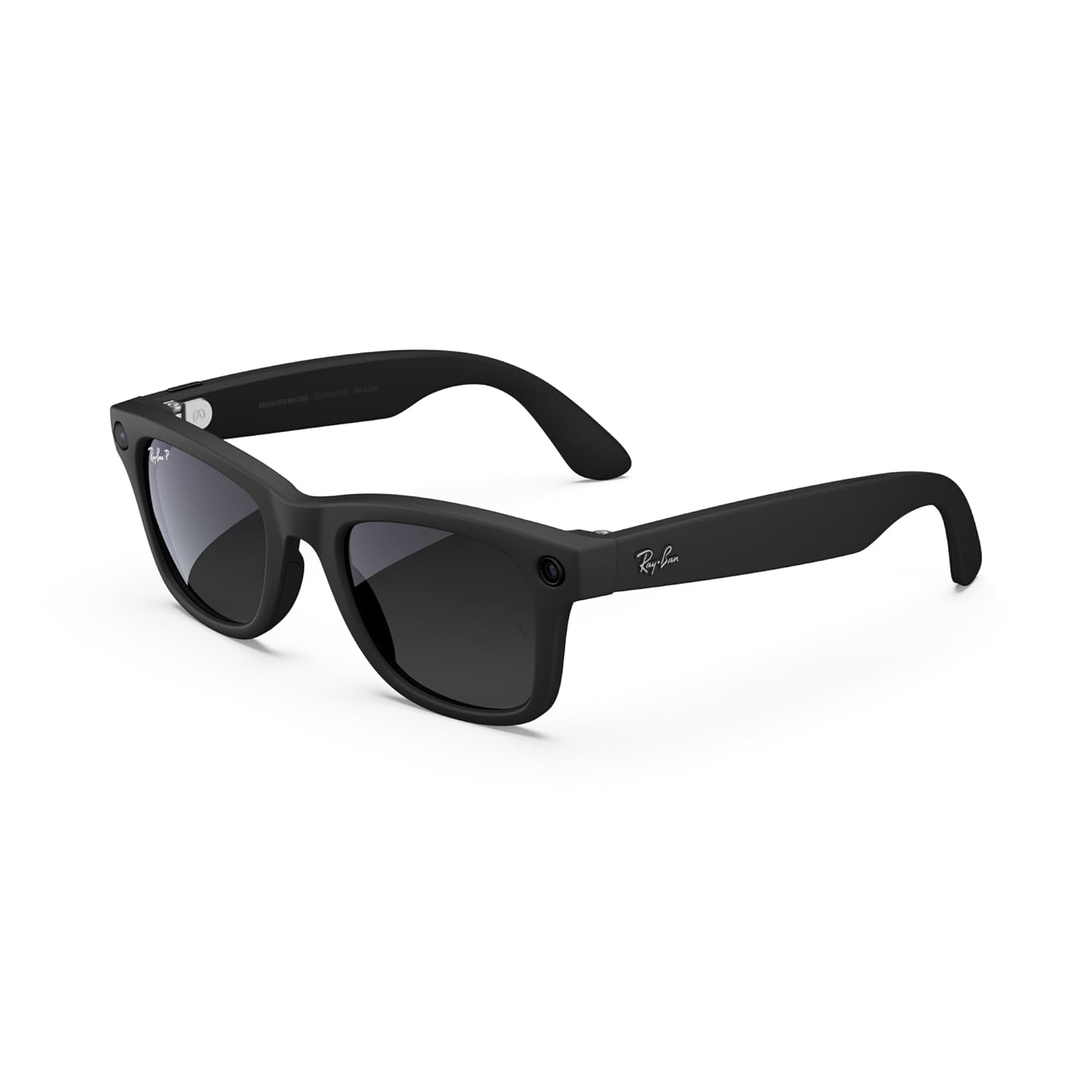 Smart glasses with matte black Wayfarer frame, Transitions graphite green lenses, and built-in camera โ view 3a