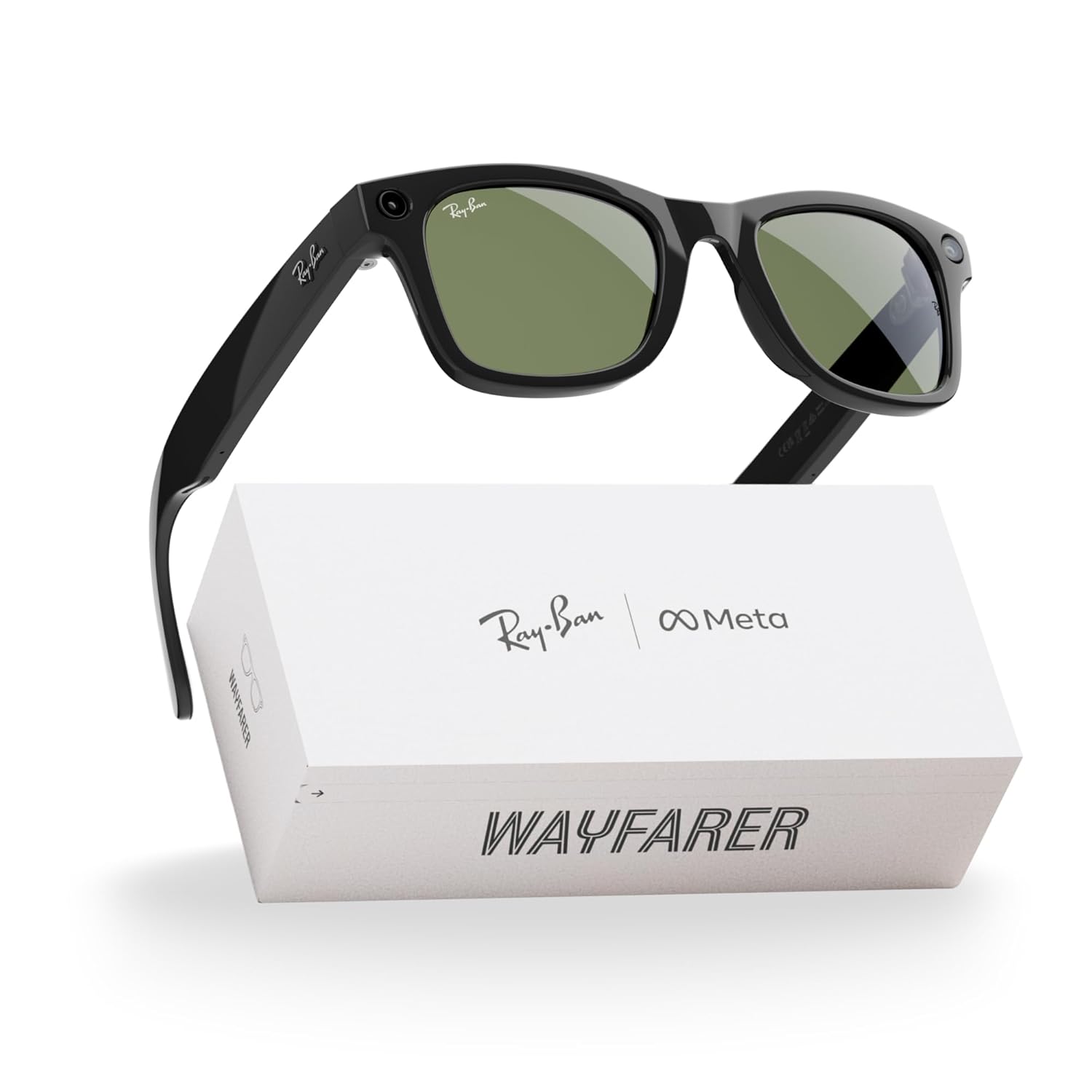Smart glasses with matte black Wayfarer frame, Transitions graphite green lenses, and built-in camera โ view 3b