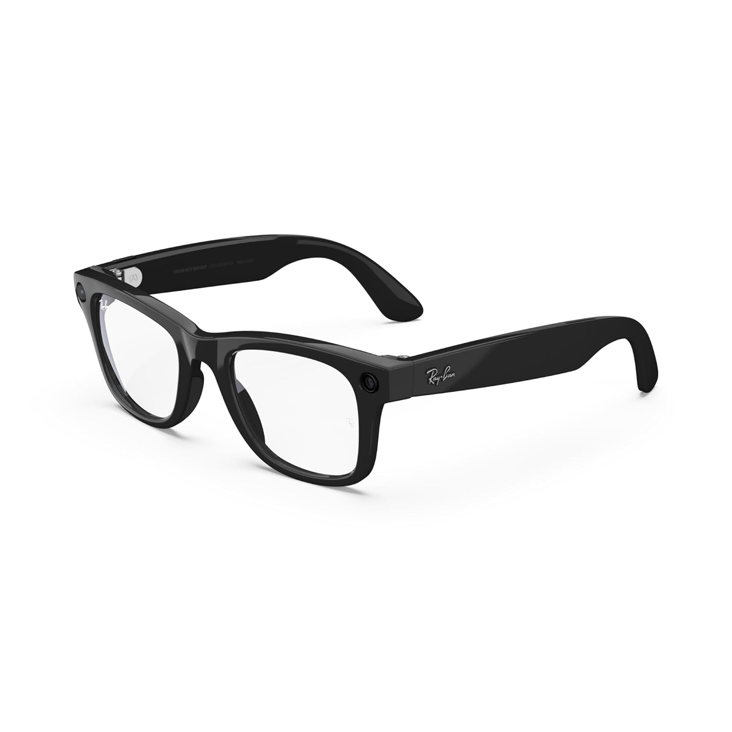 Smart glasses with matte black Wayfarer frame, Transitions graphite green lenses, and built-in camera โ view 4