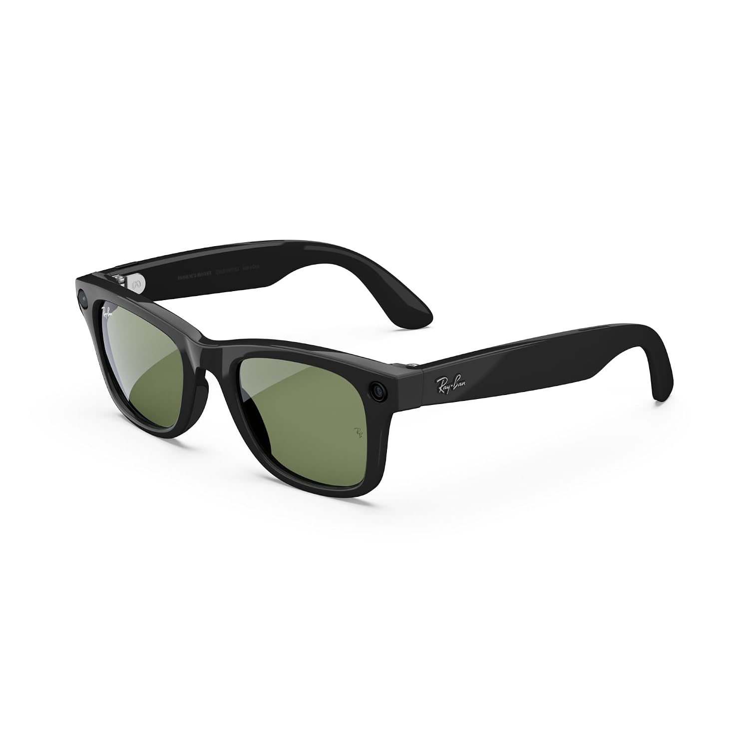 Smart glasses with matte black Wayfarer frame, Transitions graphite green lenses, and built-in camera โ view 5a
