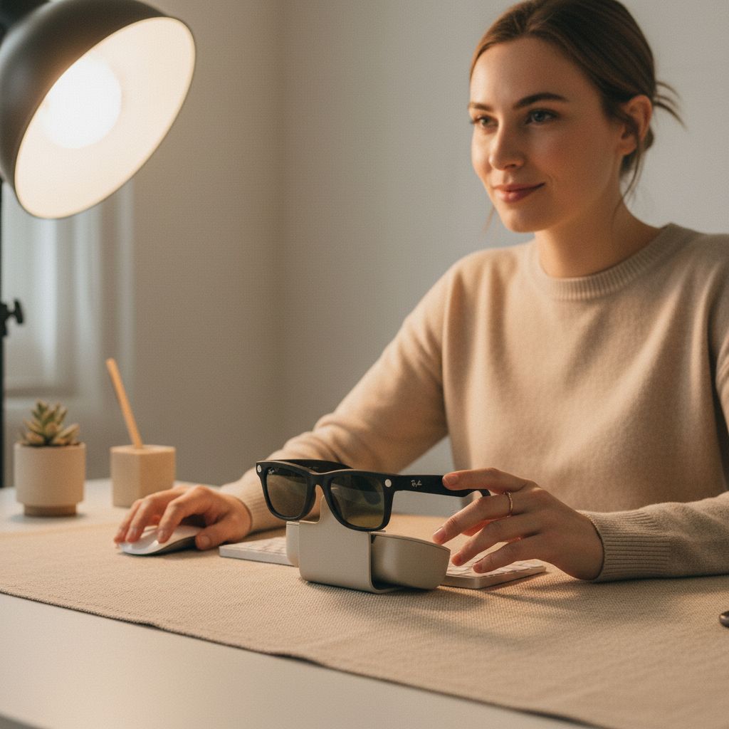 Smart glasses with matte black Wayfarer frame, Transitions graphite green lenses, and built-in camera โ view 2