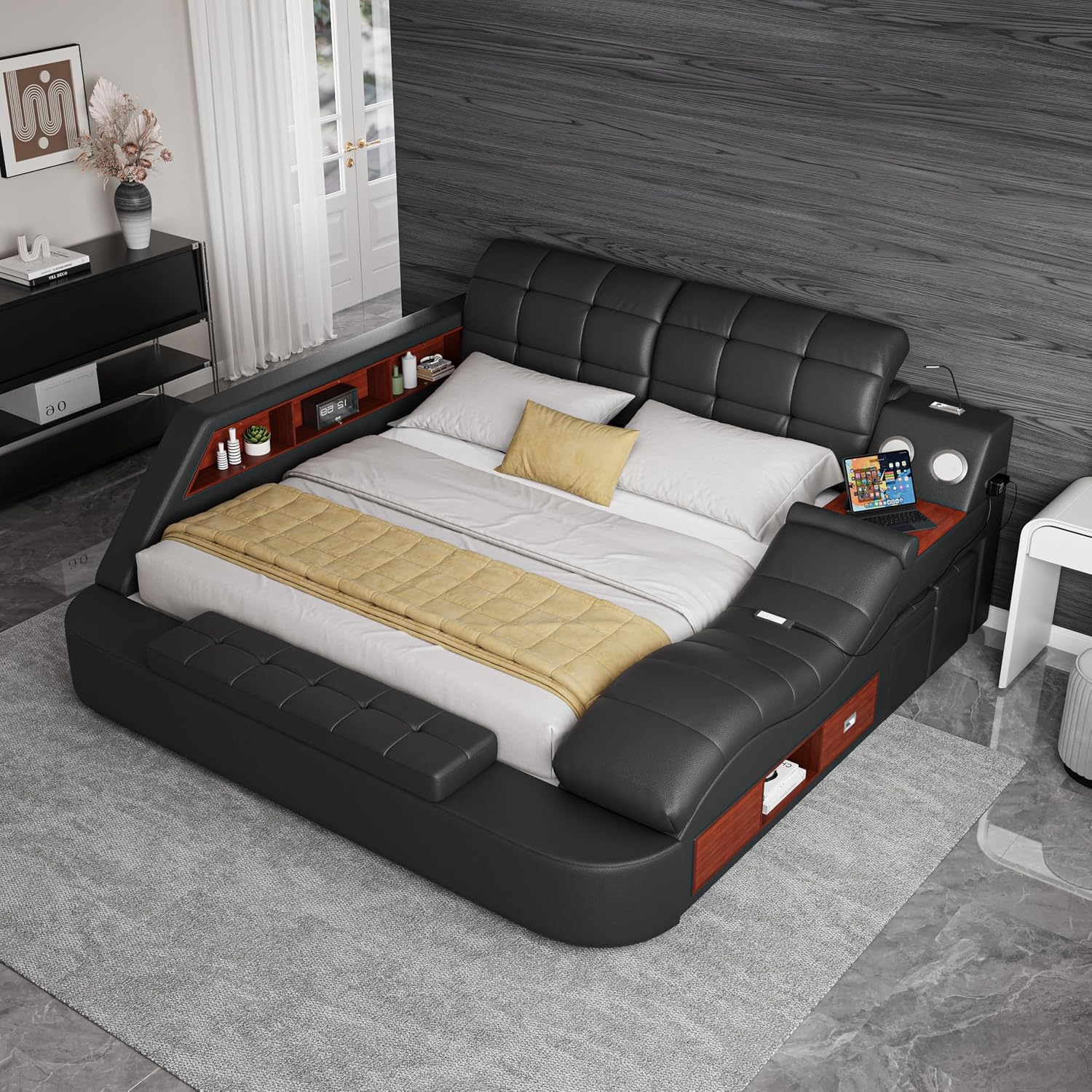 Smart queen size upholstered leather platform bed frame with integrated massage recliner, Bluetooth speaker, and storage drawers in black โ front