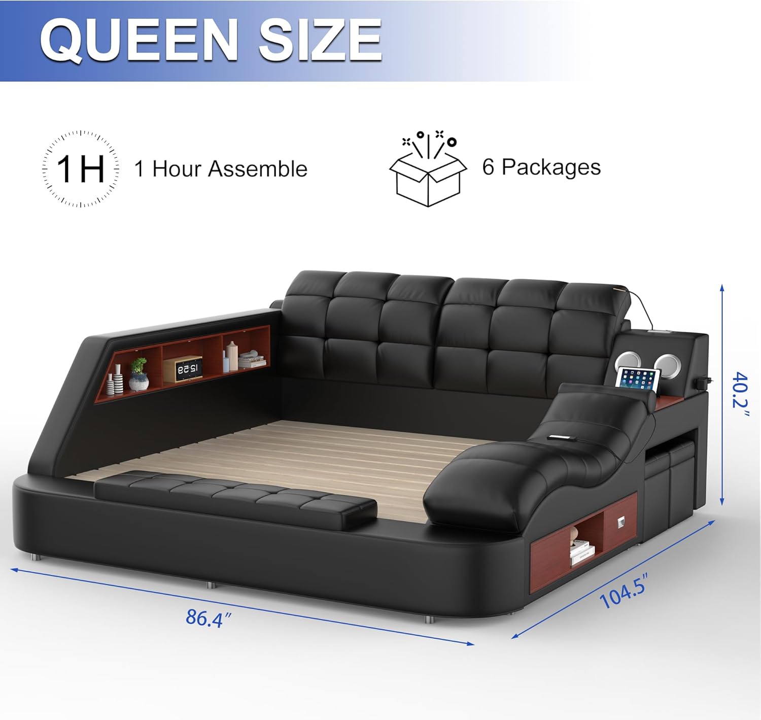 Smart queen size upholstered leather platform bed frame with integrated massage recliner, Bluetooth speaker, and storage drawers in black โ side