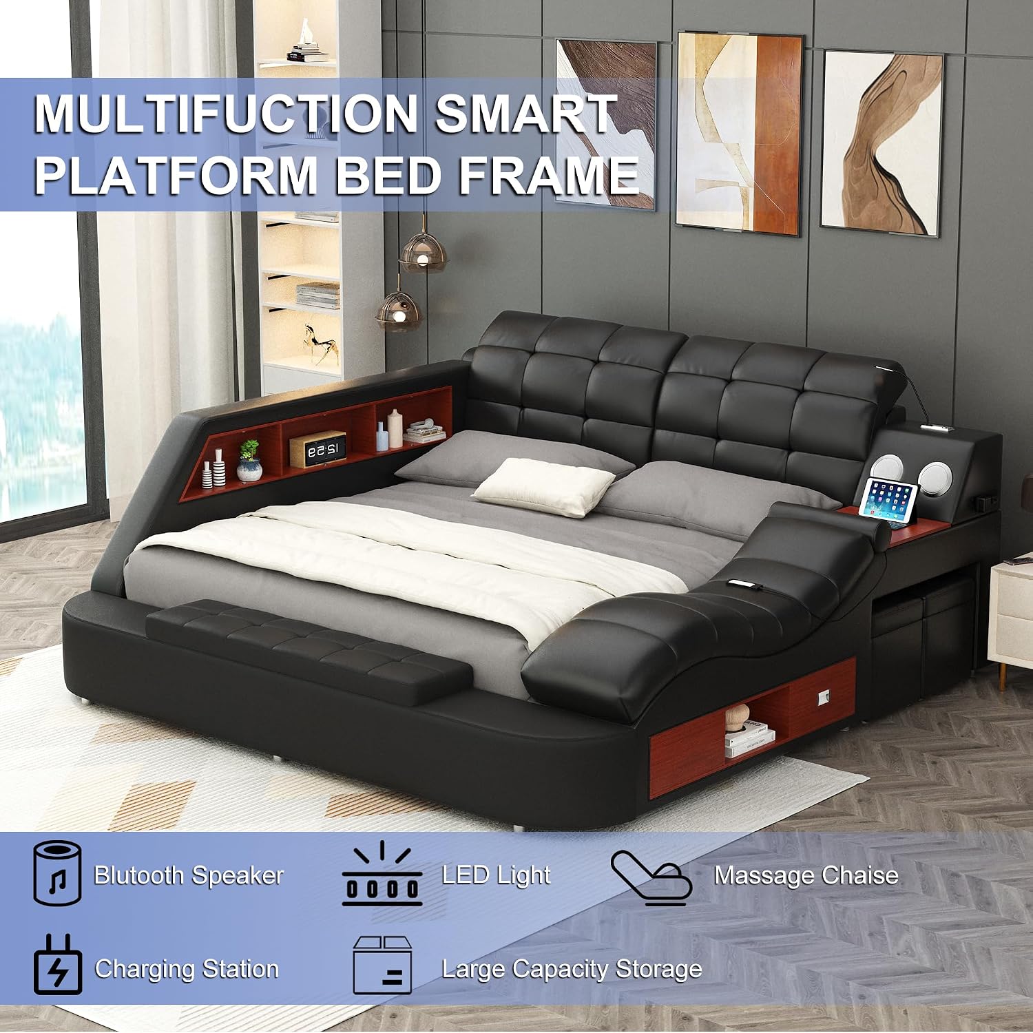 Smart queen size upholstered leather platform bed frame with integrated massage recliner, Bluetooth speaker, and storage drawers in black โ back
