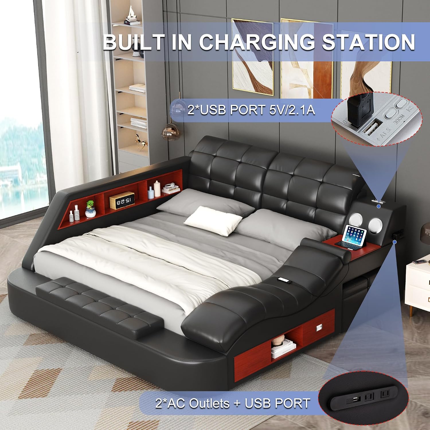 Smart queen size upholstered leather platform bed frame with integrated massage recliner, Bluetooth speaker, and storage drawers in black โ detail