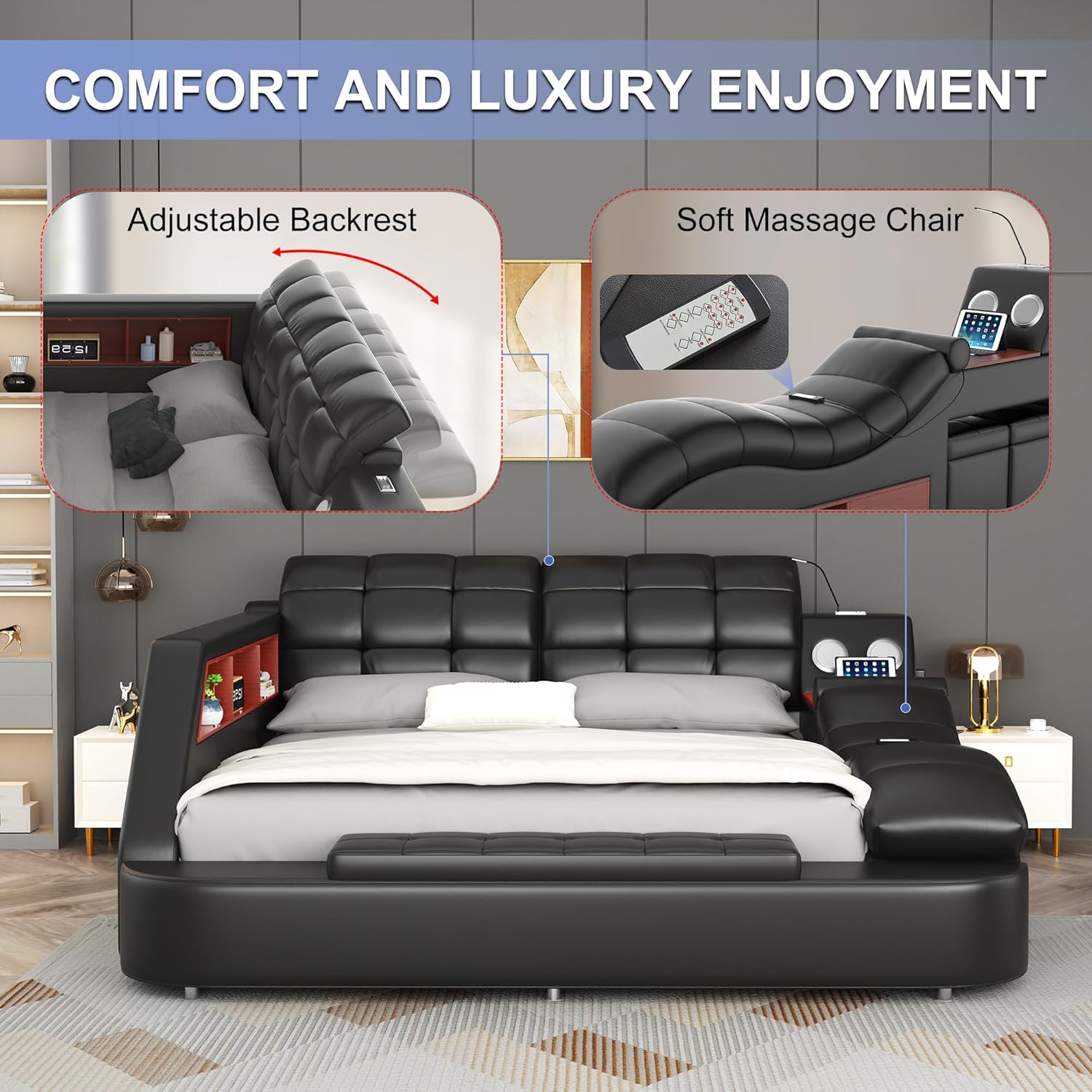 Smart queen size upholstered leather platform bed frame with integrated massage recliner, Bluetooth speaker, and storage drawers in black — view 3