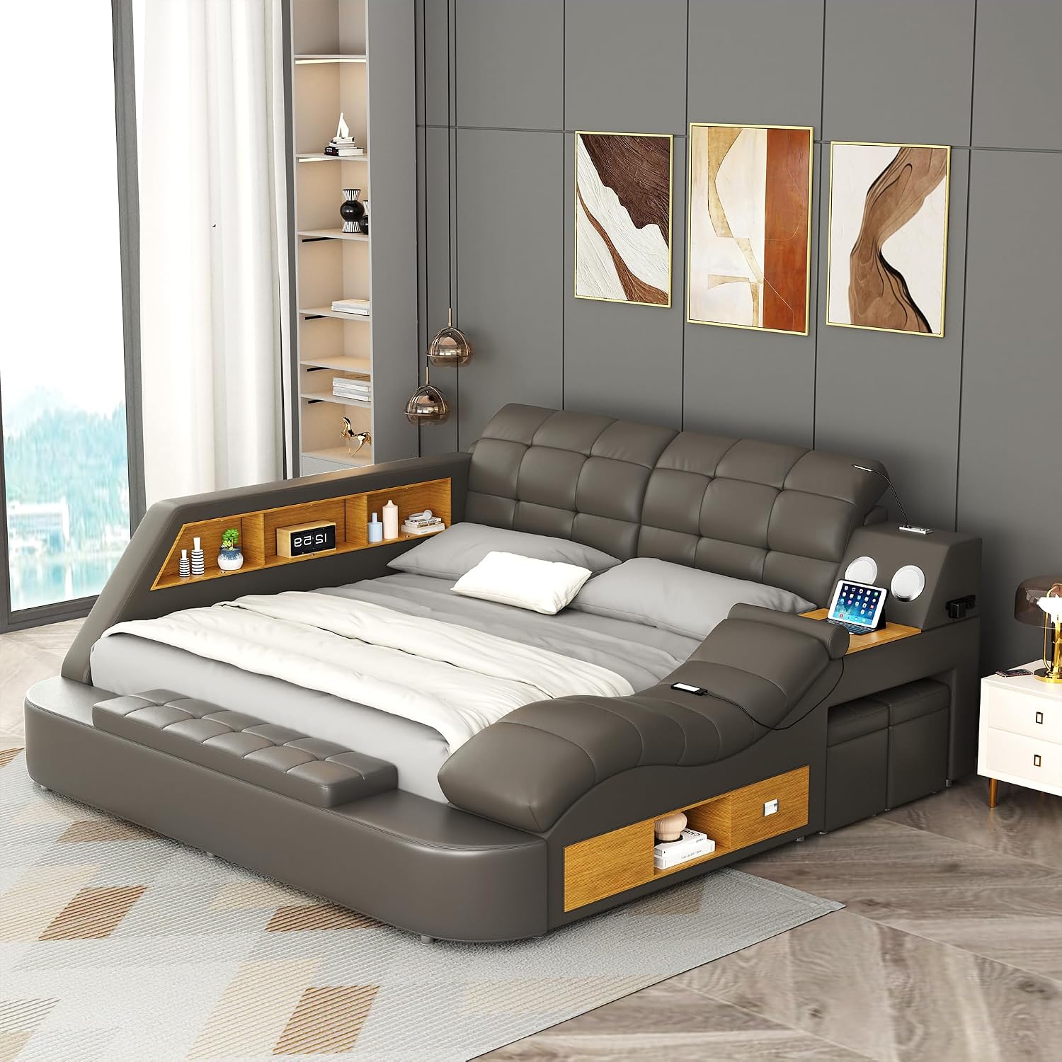 Smart queen size upholstered leather platform bed frame with integrated massage recliner, Bluetooth speaker, and storage drawers in black — view 5