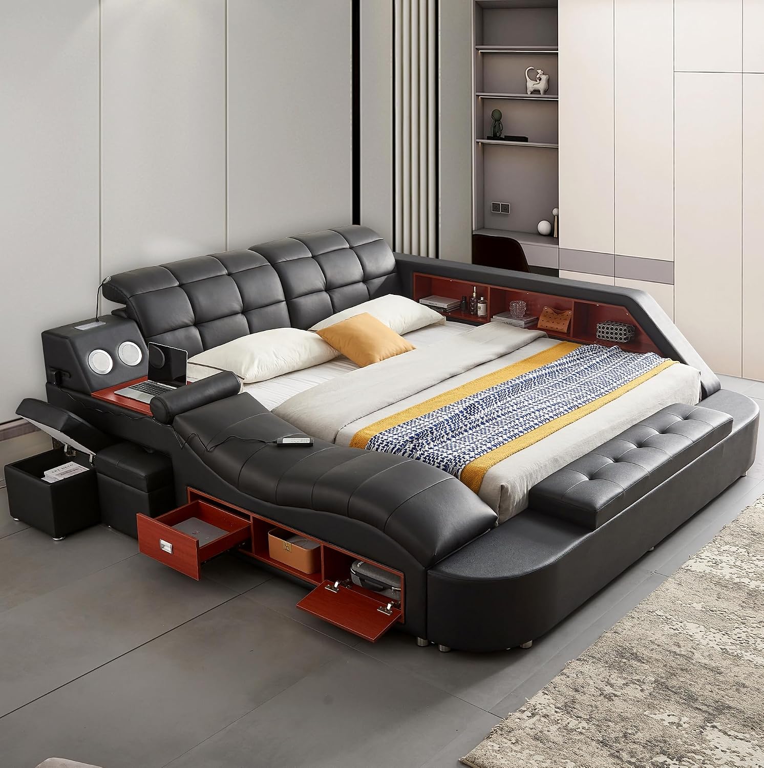 Smart queen size upholstered leather platform bed frame with integrated massage recliner, Bluetooth speaker, and storage drawers in black โ view 4