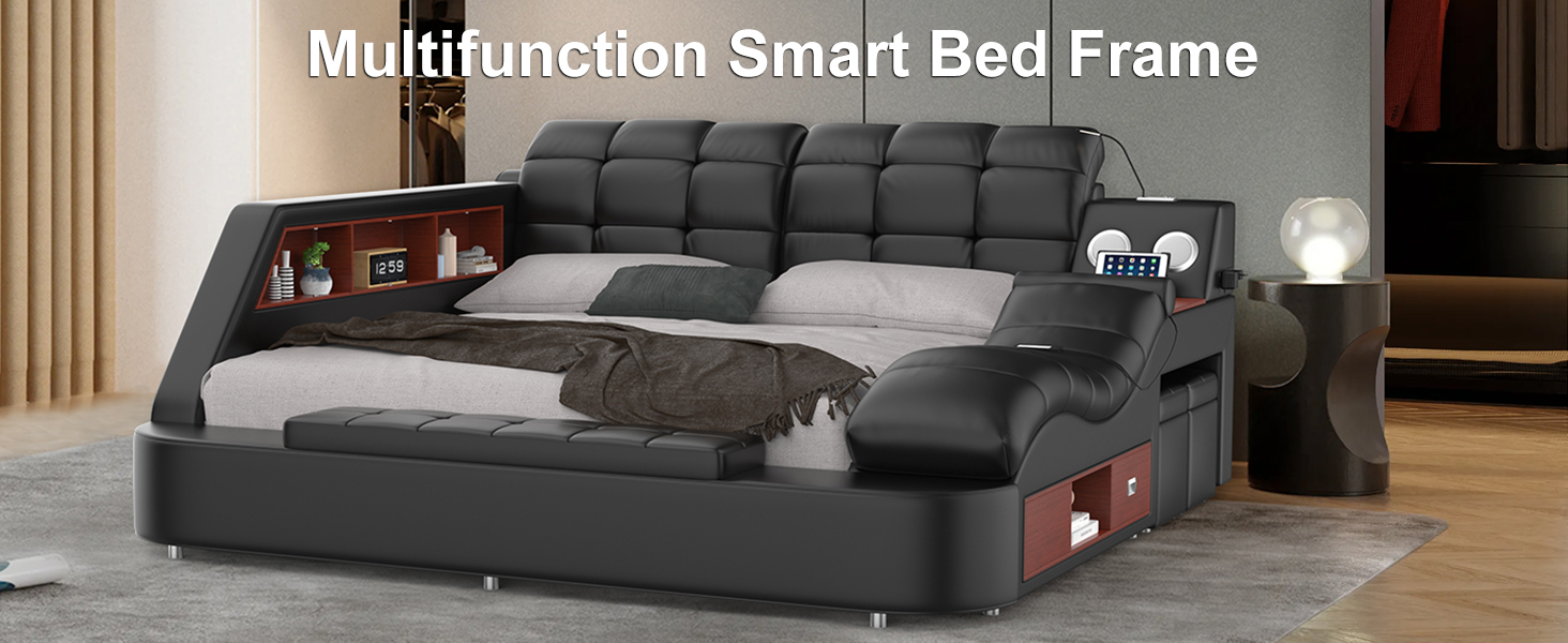Smart queen size upholstered leather platform bed frame with integrated massage recliner, Bluetooth speaker, and storage drawers in black โ view 5a