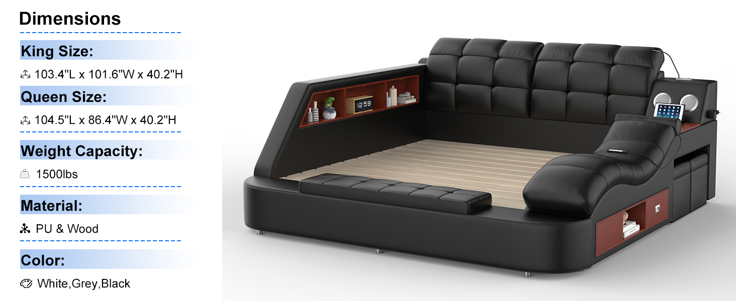 Smart queen size upholstered leather platform bed frame with integrated massage recliner, Bluetooth speaker, and storage drawers in black โ view 5b