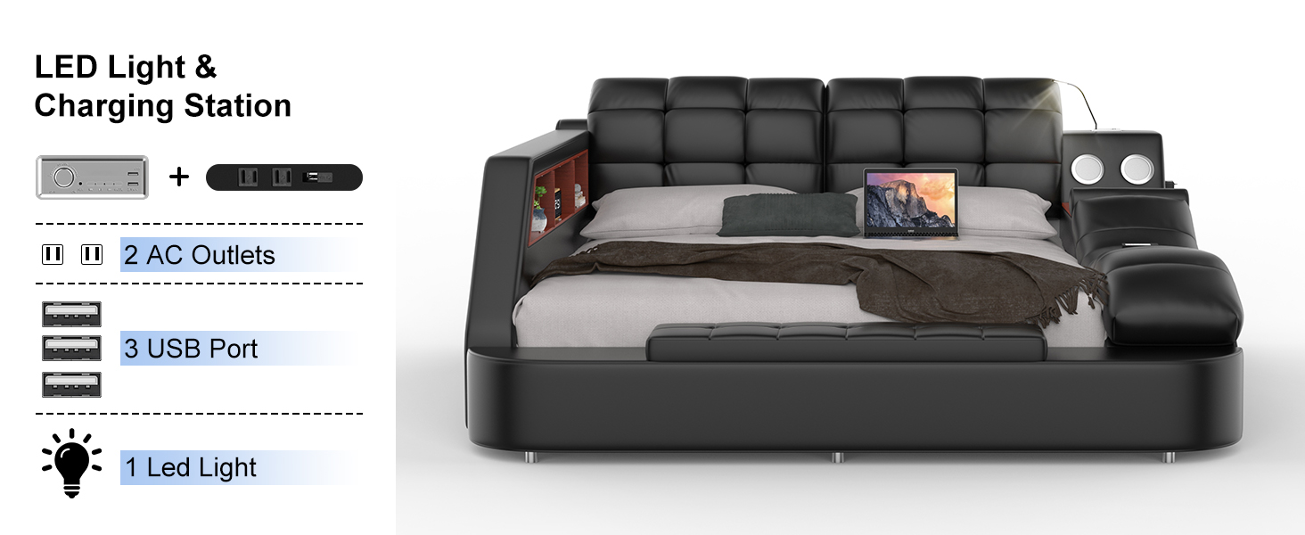 Smart queen size upholstered leather platform bed frame with integrated massage recliner, Bluetooth speaker, and storage drawers in black โ view 6