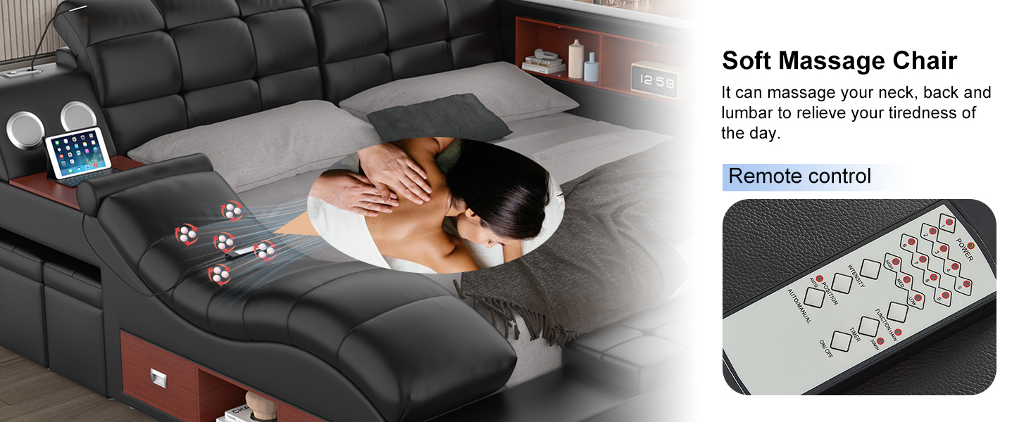 Smart queen size upholstered leather platform bed frame with integrated massage recliner, Bluetooth speaker, and storage drawers in black โ view 7b