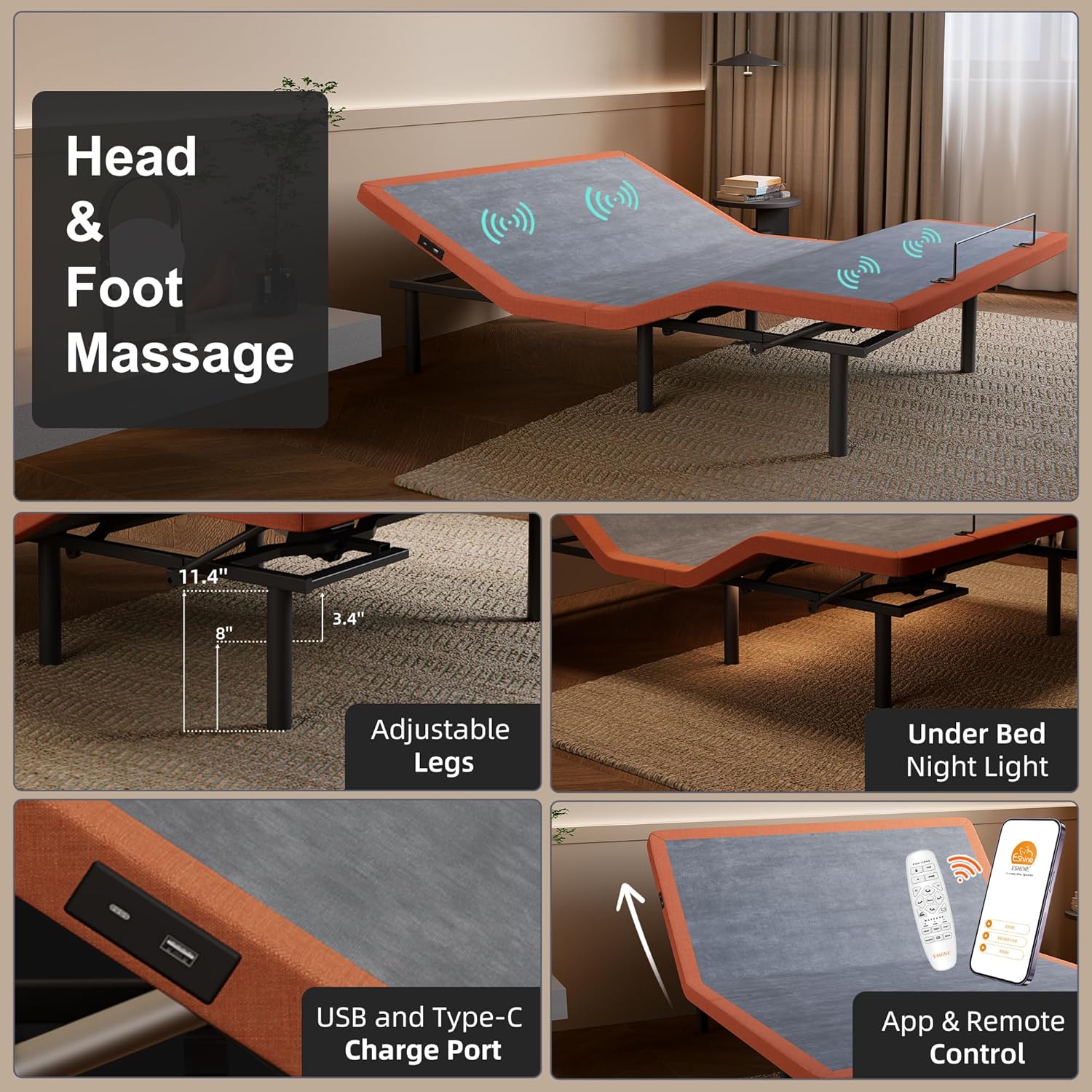 Queen adjustable bed frame with hybrid mattress, showing zero gravity position and smart app control interface โ side
