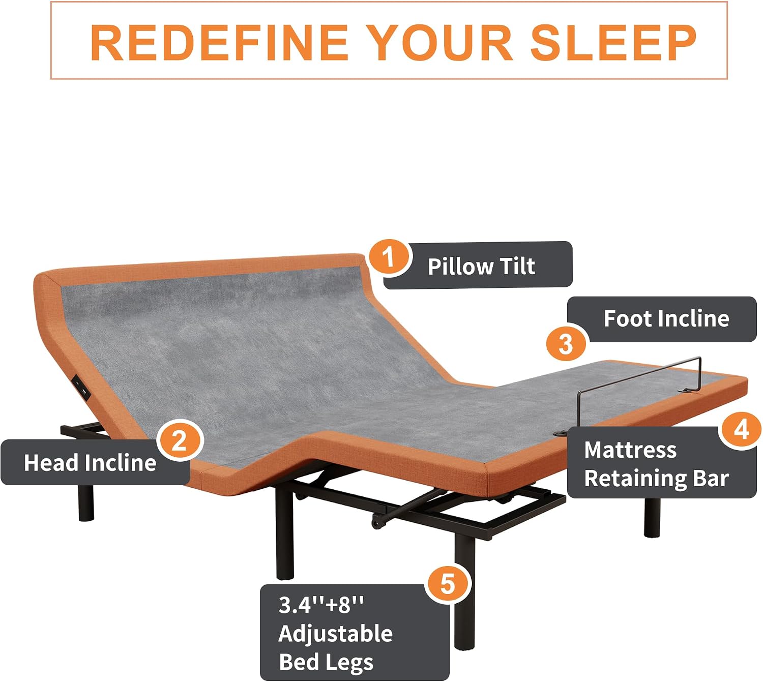 Queen adjustable bed frame with hybrid mattress, showing zero gravity position and smart app control interface โ back