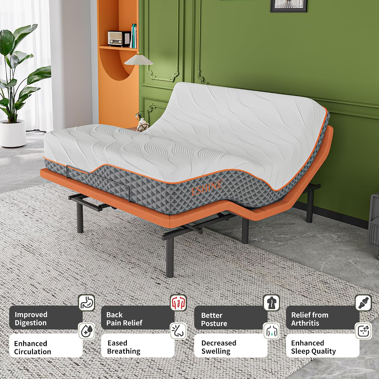 Queen adjustable bed frame with hybrid mattress, showing zero gravity position and smart app control interface โ detail