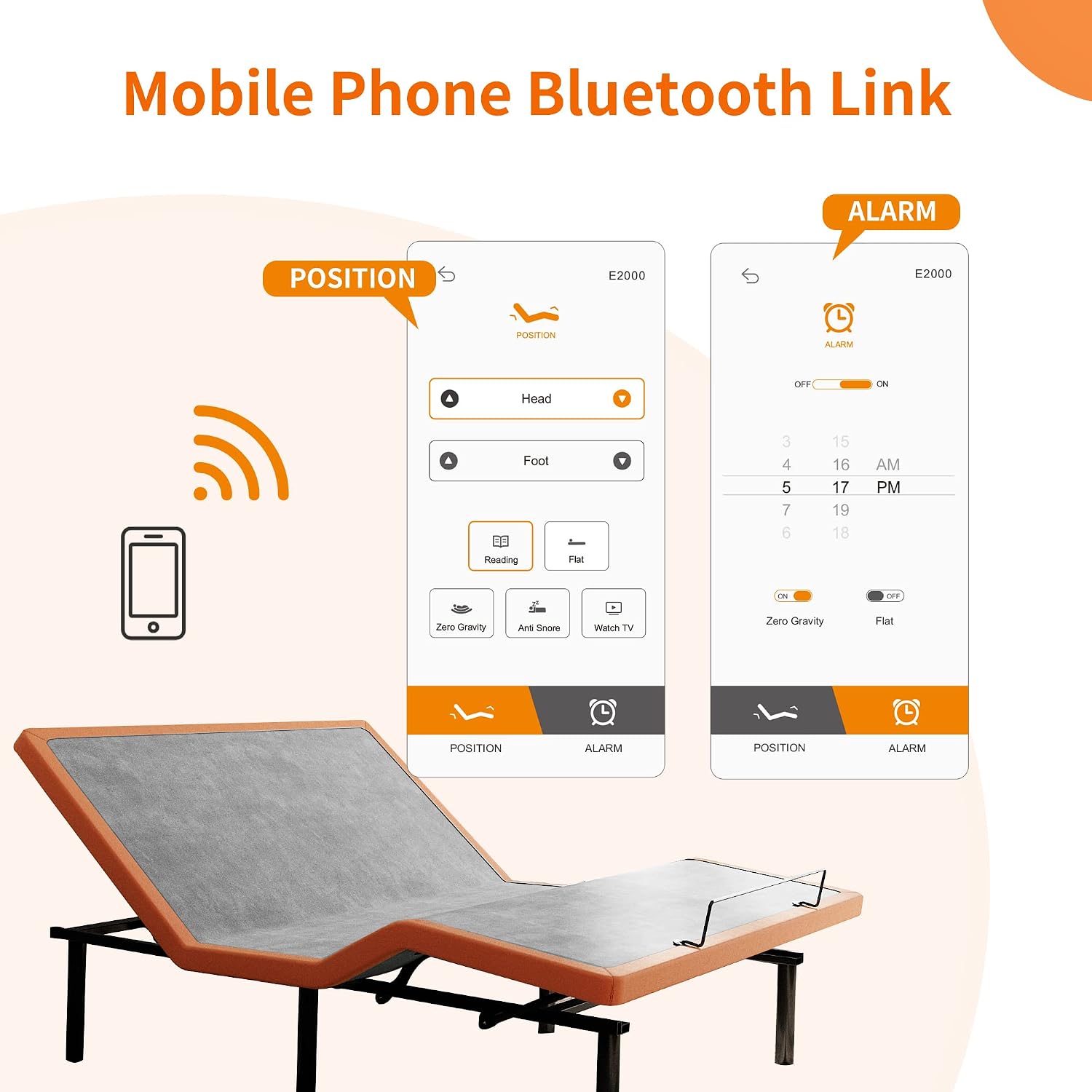 Queen adjustable bed frame with hybrid mattress, showing zero gravity position and smart app control interface โ view 5