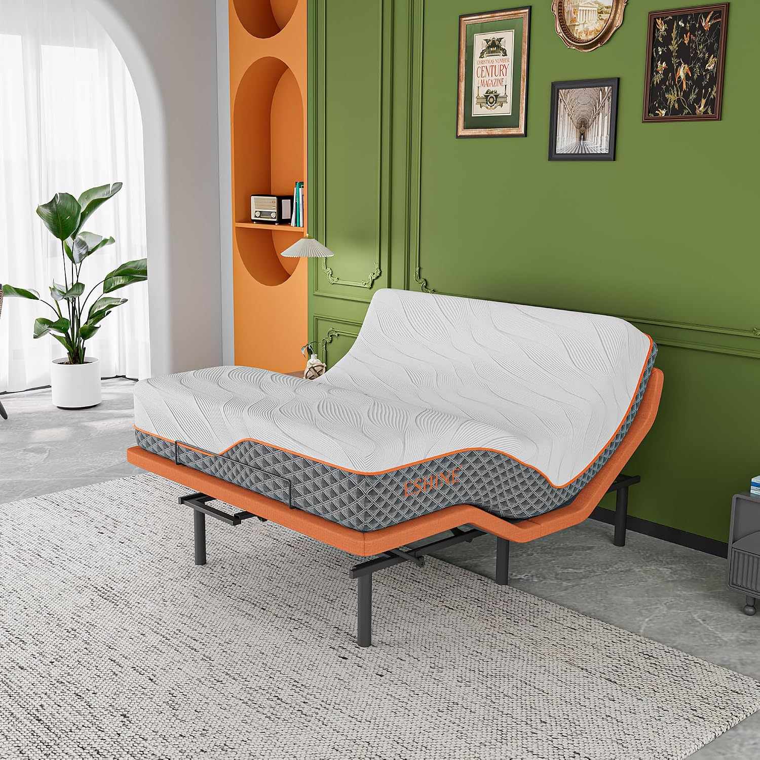 Queen adjustable bed frame with hybrid mattress, showing zero gravity position and smart app control interface โ view 2