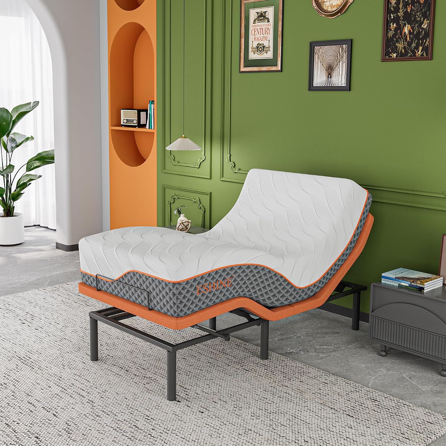 Queen adjustable bed frame with hybrid mattress, showing zero gravity position and smart app control interface โ view 3a