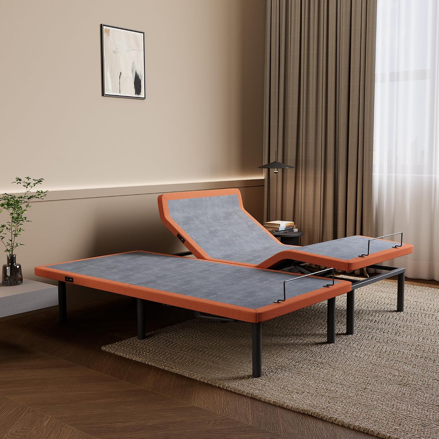 Queen adjustable bed frame with hybrid mattress, showing zero gravity position and smart app control interface โ view 3b