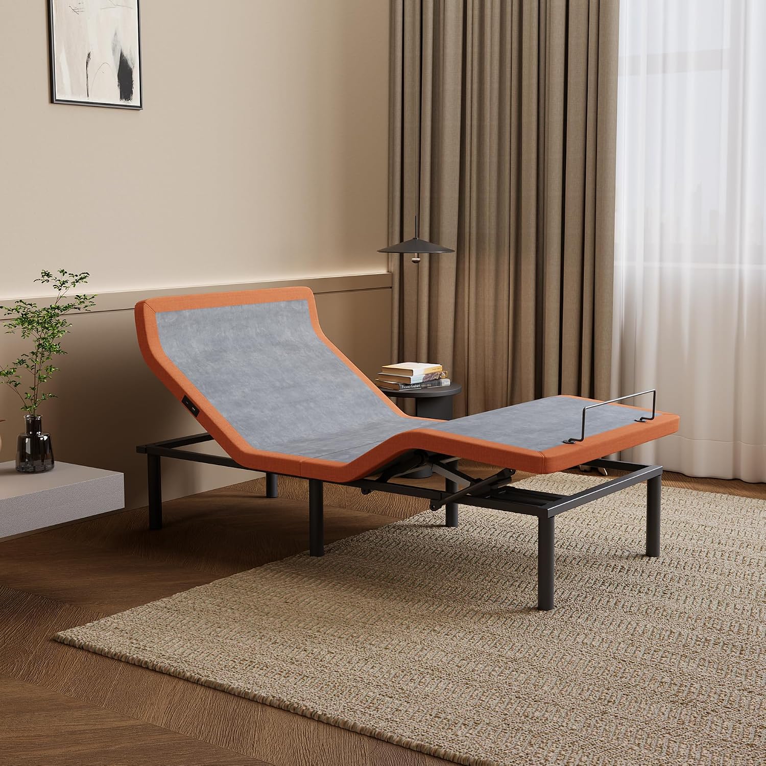Queen adjustable bed frame with hybrid mattress, showing zero gravity position and smart app control interface โ view 5a
