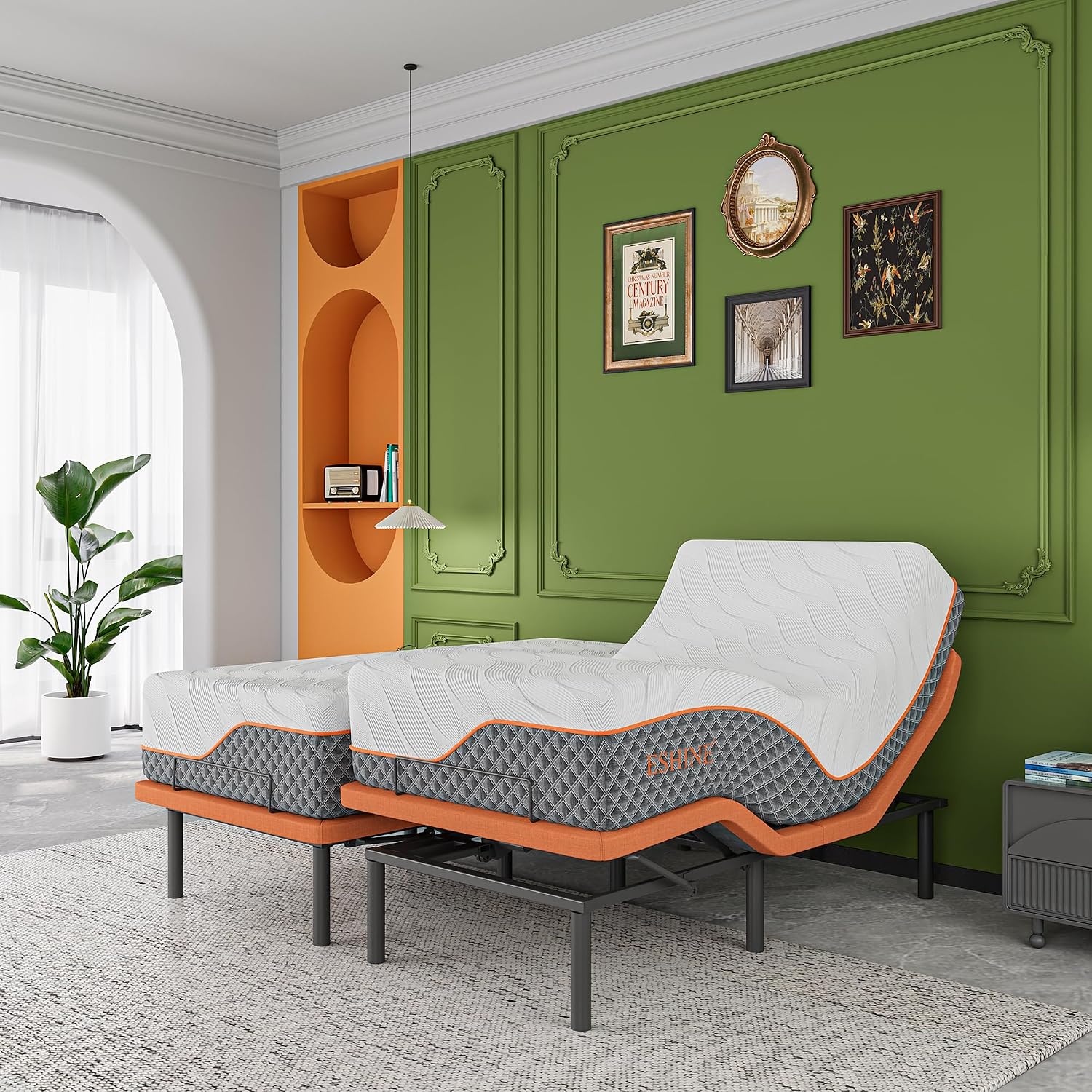 Queen adjustable bed frame with hybrid mattress, showing zero gravity position and smart app control interface โ view 5b
