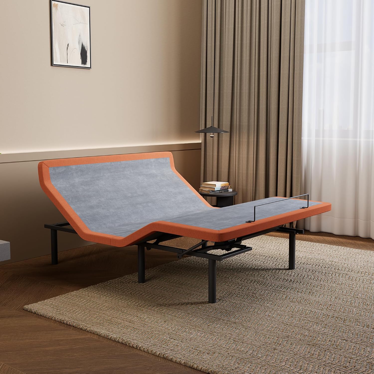 Queen adjustable bed frame with hybrid mattress, showing zero gravity position and smart app control interface โ view 7a
