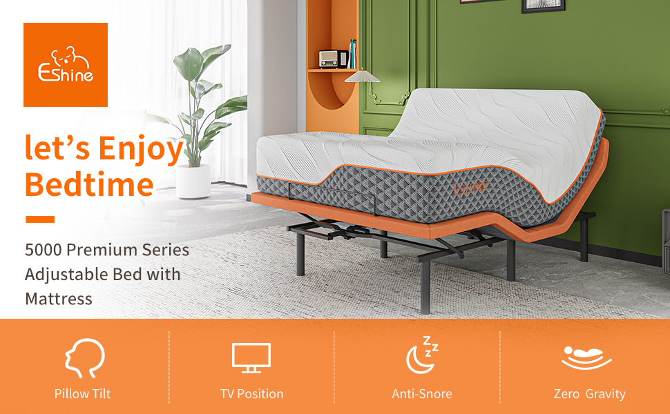 Queen adjustable bed frame with hybrid mattress, showing zero gravity position and smart app control interface โ view 7b