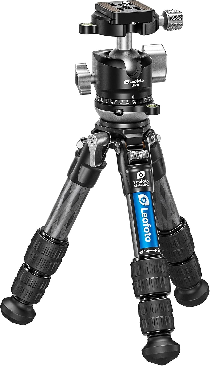 Carbon fiber mini tabletop tripod with 360° rotating ball head and convertible screw connector — view 5a
