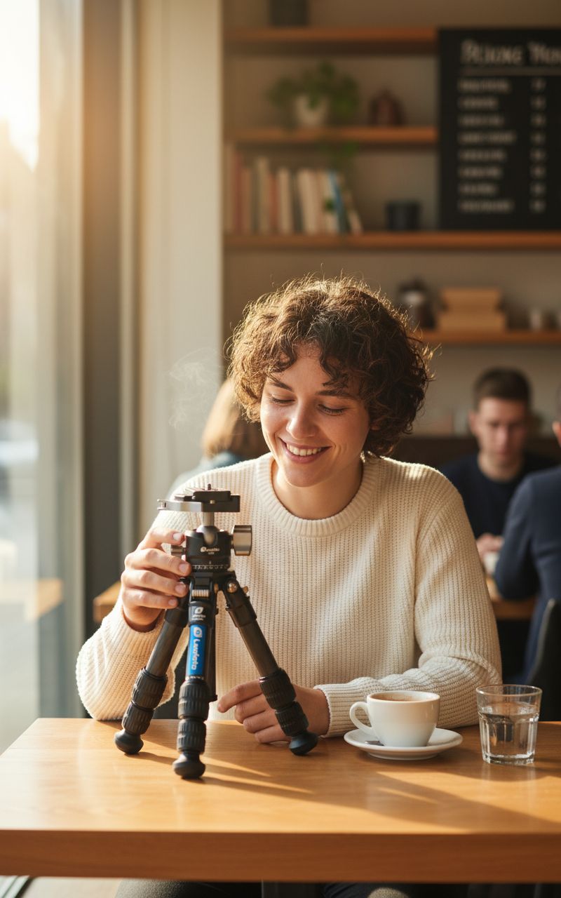 Carbon fiber mini tabletop tripod with 360° rotating ball head and convertible screw connector — view 1