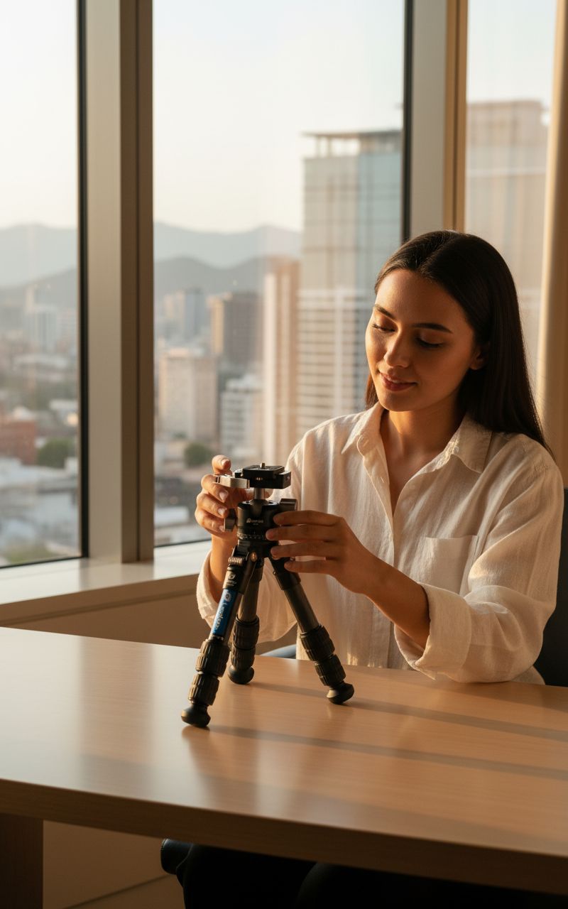 Carbon fiber mini tabletop tripod with 360° rotating ball head and convertible screw connector — view 2