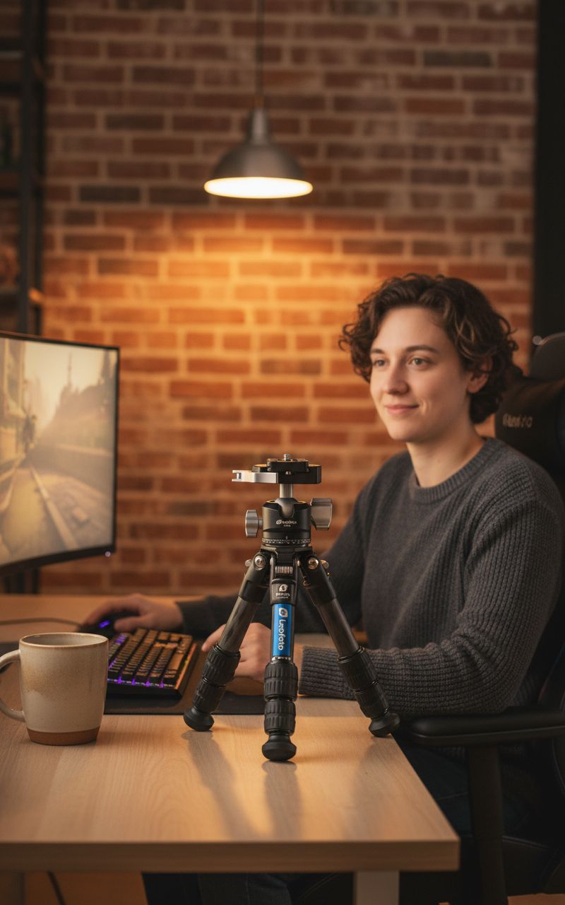 Carbon fiber mini tabletop tripod with 360° rotating ball head and convertible screw connector — view 3a