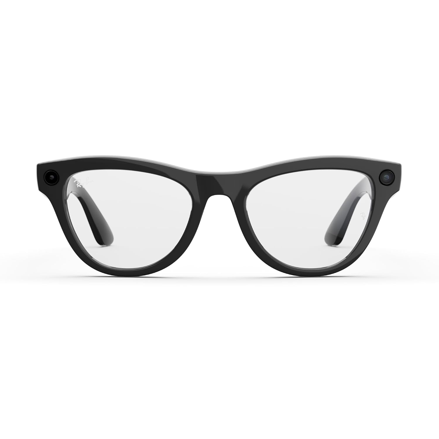 Sleek black smart glasses with ultra-wide camera lens and open-ear speaker design, front and side view โ side