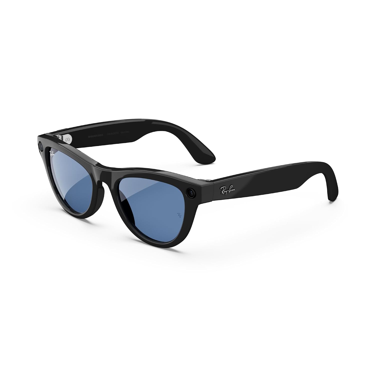 Sleek black smart glasses with ultra-wide camera lens and open-ear speaker design, front and side view โ view 5a