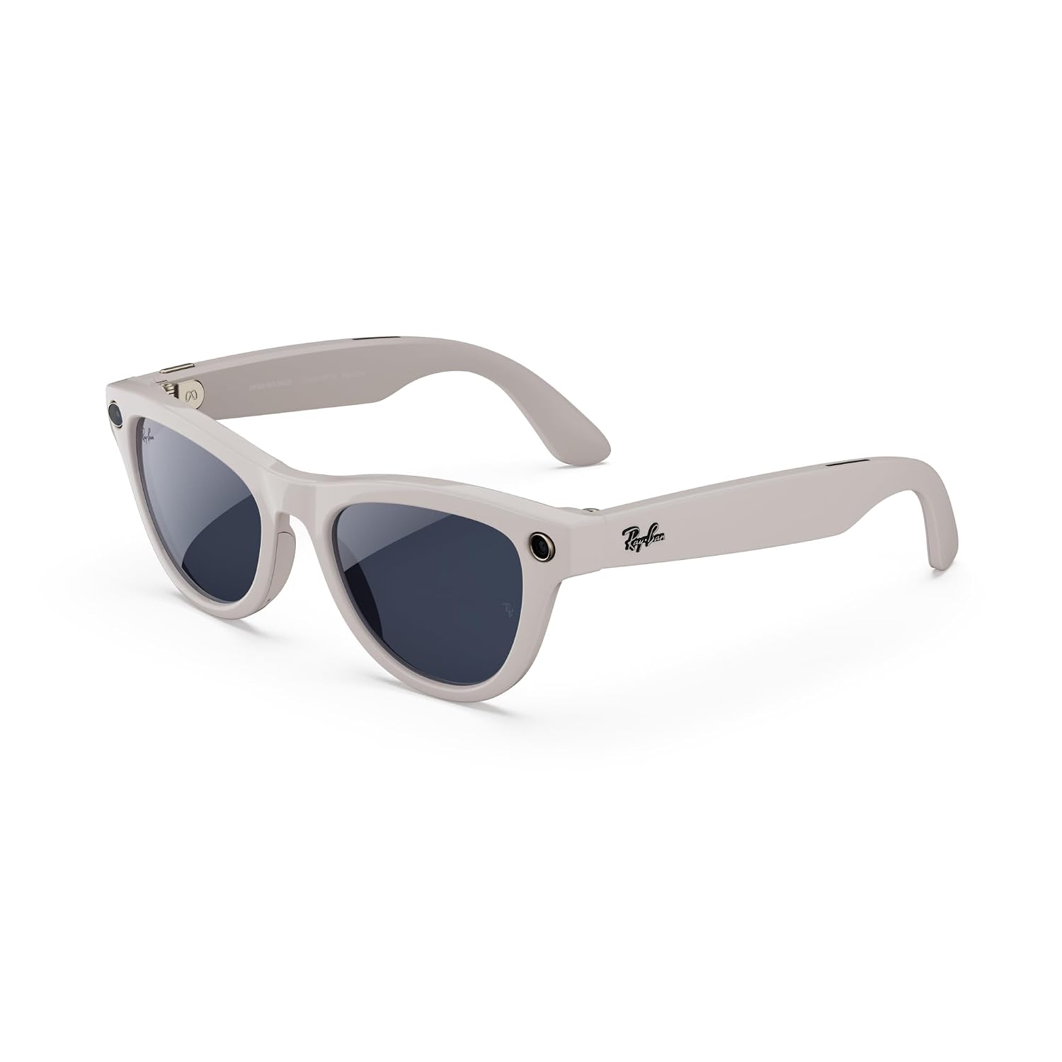 Sleek black smart glasses with ultra-wide camera lens and open-ear speaker design, front and side view โ view 5b